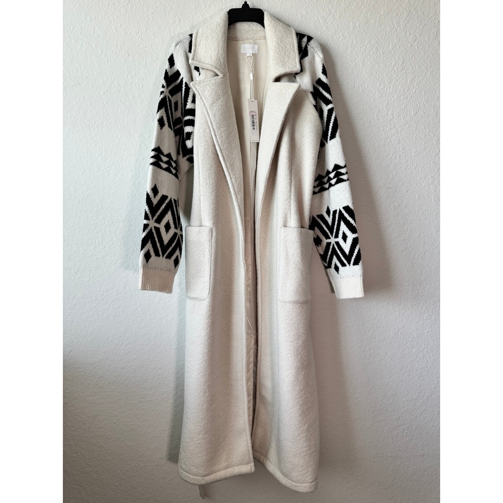 EVERY Womens Cream Longline Maxi Wrap Coat Geometric Knit Sleeves Large NWT - Picture 2 of 11